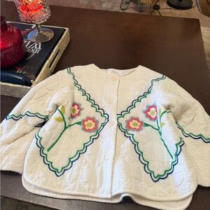 Zara Cream Quilted Jacket with Colorful Floral Design